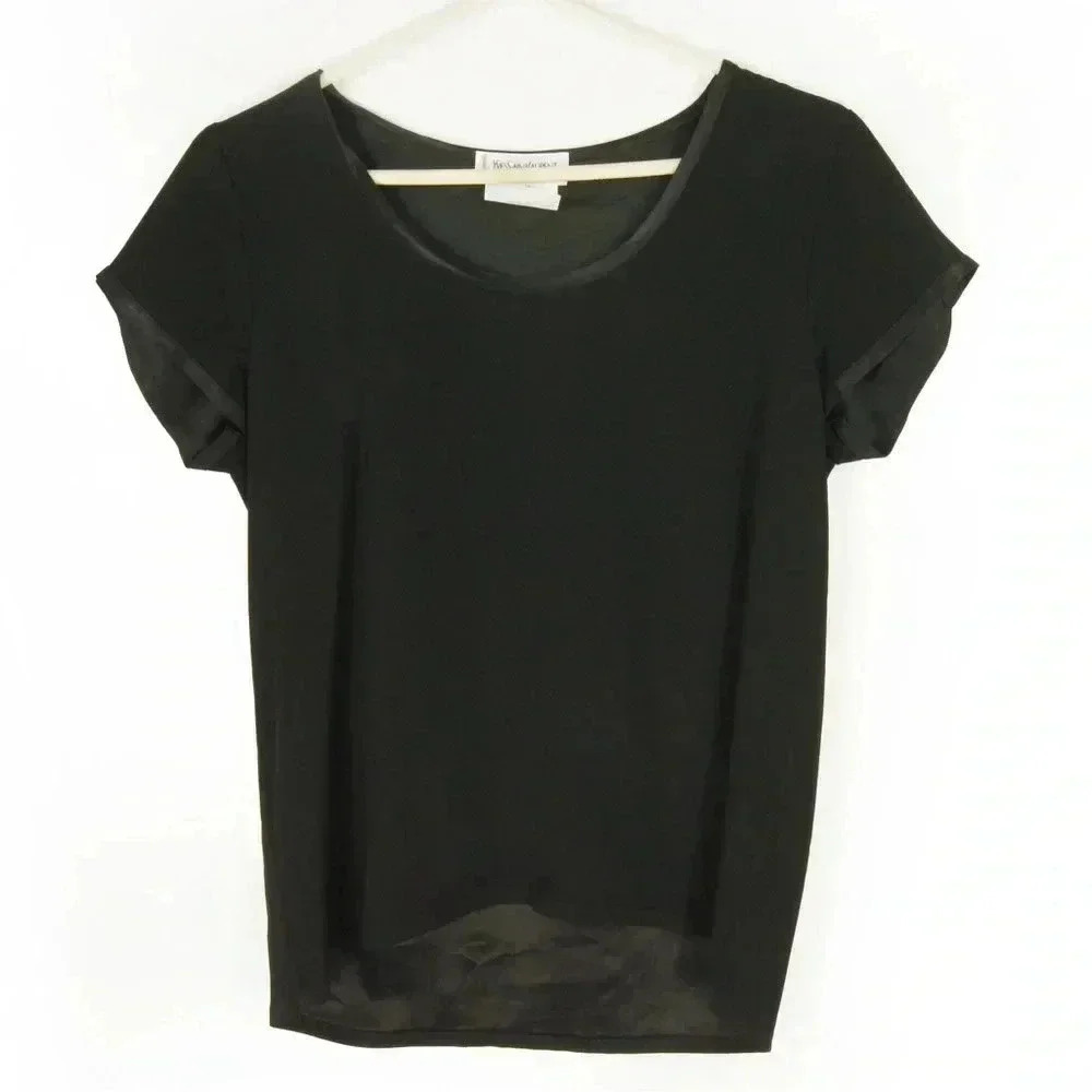 Vintage 90s Yves Saint Laurent YSL Satin Trim Black Short Sleeve Top